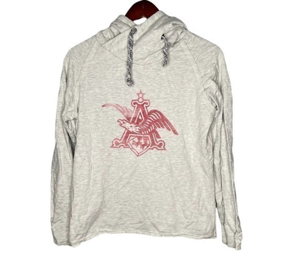 ANHEUSER BUSCH WOMEN MEDIUM GRAY BIG SHRUG NECK LOGO HOODIE SWEATSHIRT medium